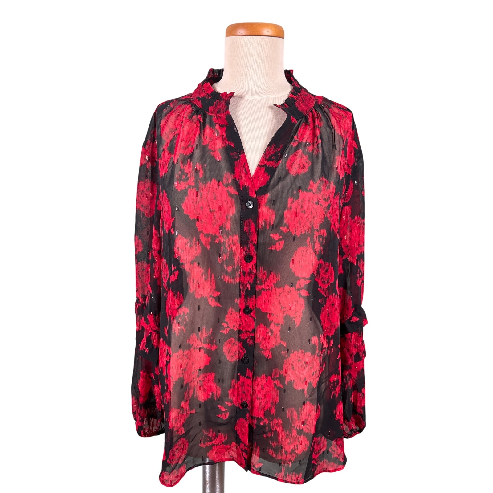 Chico's Blouse Top Womens Size Xxl Red Black Rose Sheer Ruffle Preppy Date Night